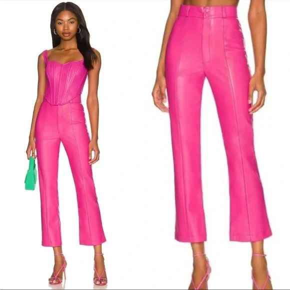 New BCBG Hot Pink Faux Leather Pants Cropped Flare Wide Leg High Waist Rise  XL